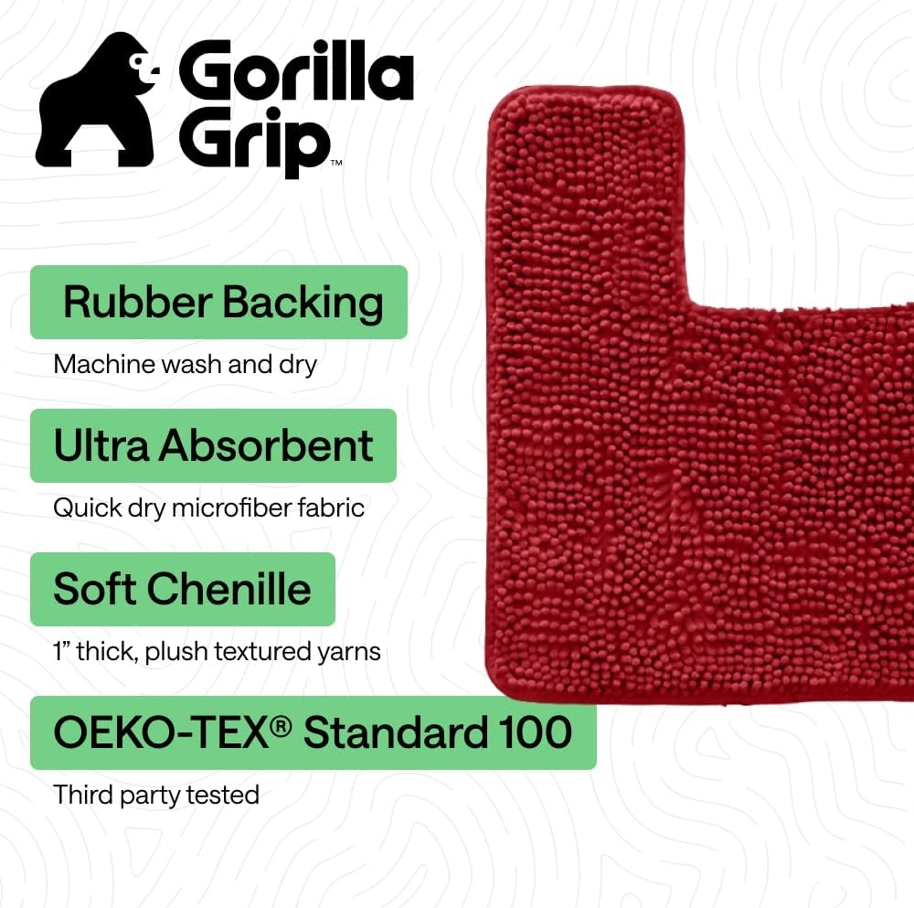 image:imageGORILLA GRIP Bath Rug Mat Thick Soft Absorbent Chenille Quick Dry Microfiber Mats Rubber Backing Machine Washable Shower Floor Rugs Bathroom Bathmat Home Decor Accessories 24x17 GreyRed