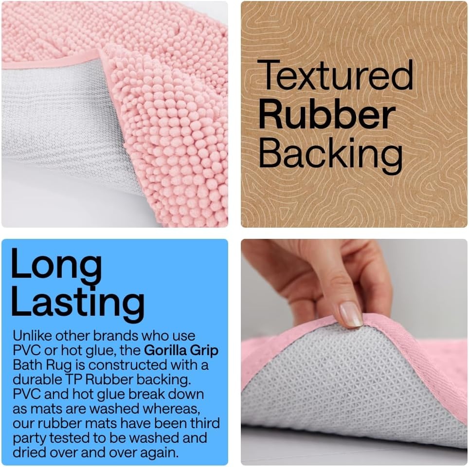 image:imageGORILLA GRIP Bath Rug Mat Thick Soft Absorbent Chenille Quick Dry Microfiber Mats Rubber Backing Machine Washable Shower Floor Rugs Bathroom Bathmat Home Decor Accessories 24x17 GreyLight Pink