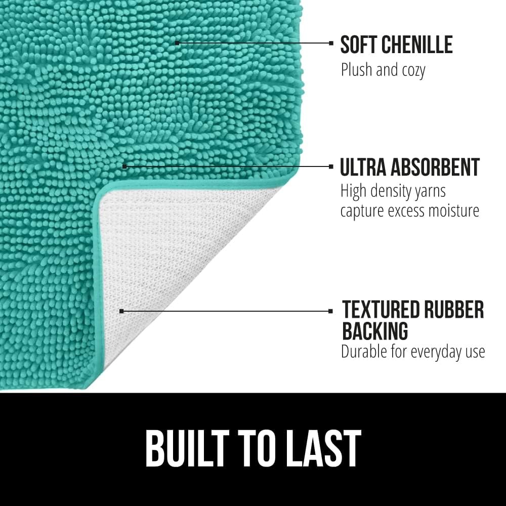 image:imageGORILLA GRIP Bath Rug Mat Thick Soft Absorbent Chenille Quick Dry Microfiber Mats Rubber Backing Machine Washable Shower Floor Rugs Bathroom Bathmat Home Decor Accessories 24x17 GreyTurquoise