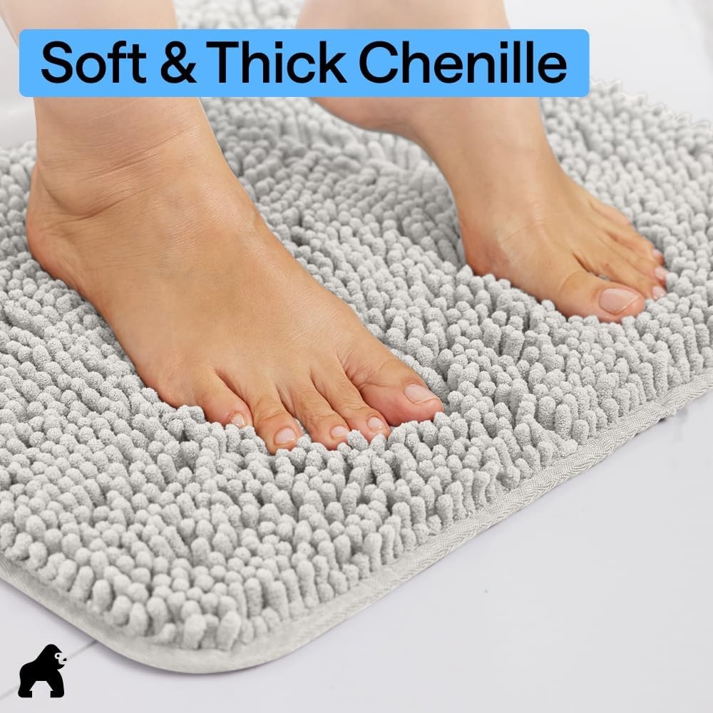 image:imageGORILLA GRIP Bath Rug Mat Thick Soft Absorbent Chenille Quick Dry Microfiber Mats Rubber Backing Machine Washable Shower Floor Rugs Bathroom Bathmat Home Decor Accessories 24x17 GreyLight Gray