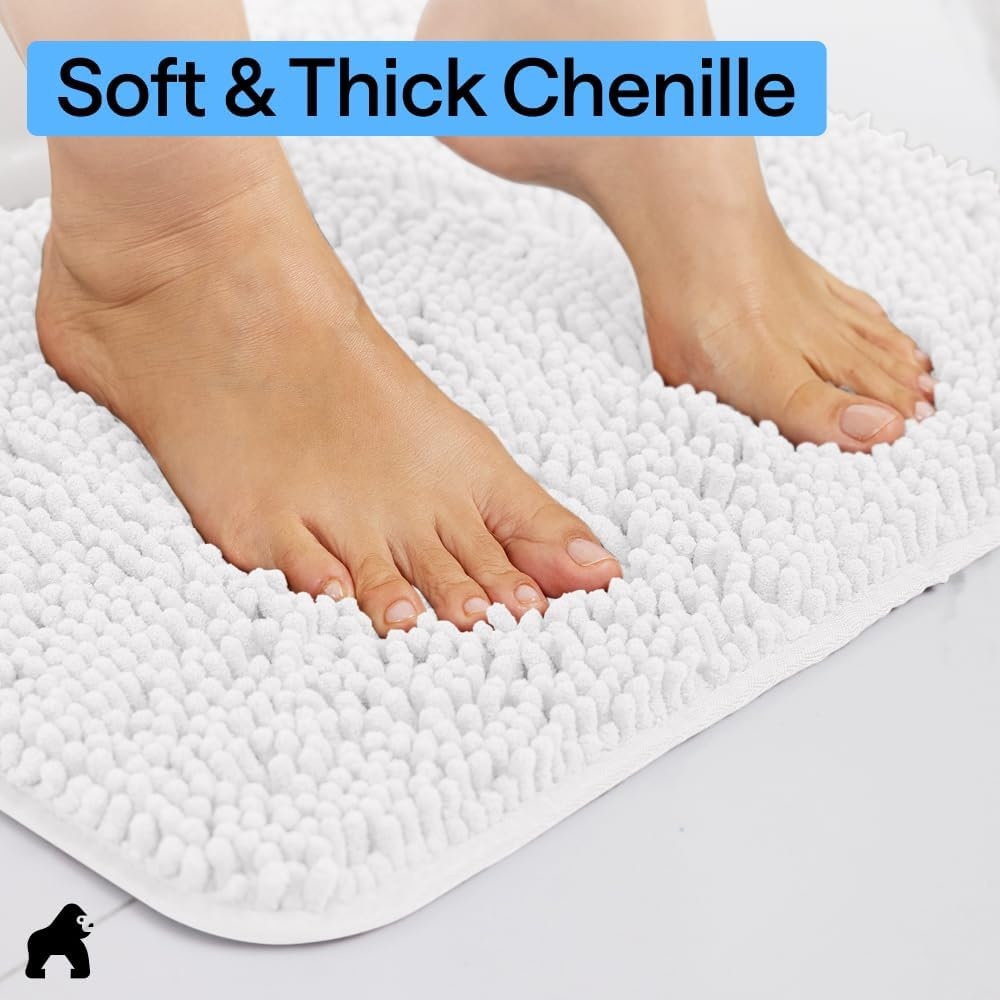 image:imageGORILLA GRIP Bath Rug Mat Thick Soft Absorbent Chenille Quick Dry Microfiber Mats Rubber Backing Machine Washable Shower Floor Rugs Bathroom Bathmat Home Decor Accessories 24x17 GreyWhite