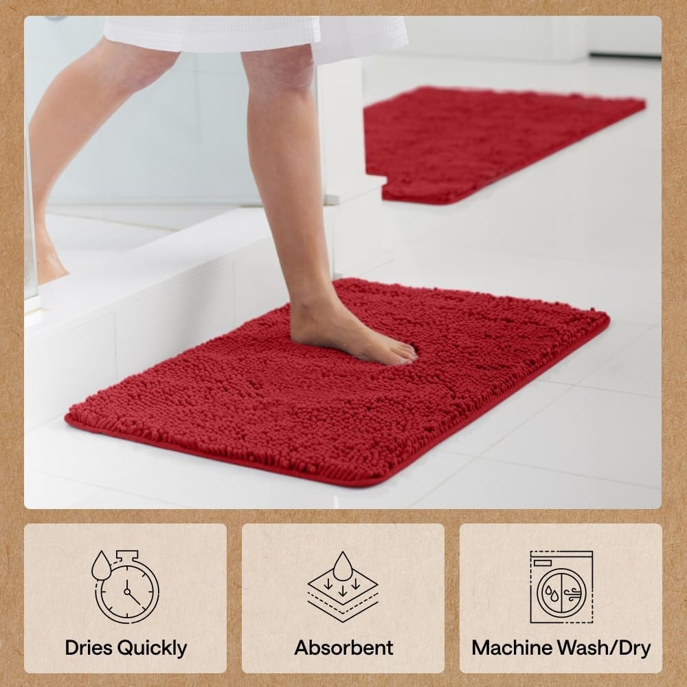 image:imageGORILLA GRIP Bath Rug Mat Thick Soft Absorbent Chenille Quick Dry Microfiber Mats Rubber Backing Machine Washable Shower Floor Rugs Bathroom Bathmat Home Decor Accessories 24x17 GreyRed