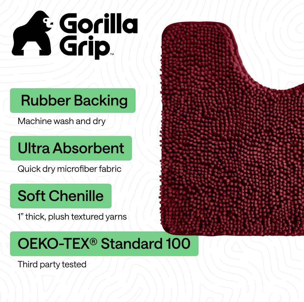 image:imageGORILLA GRIP Bath Rug Mat Thick Soft Absorbent Chenille Quick Dry Microfiber Mats Rubber Backing Machine Washable Shower Floor Rugs Bathroom Bathmat Home Decor Accessories 24x17 GreyBurgundy