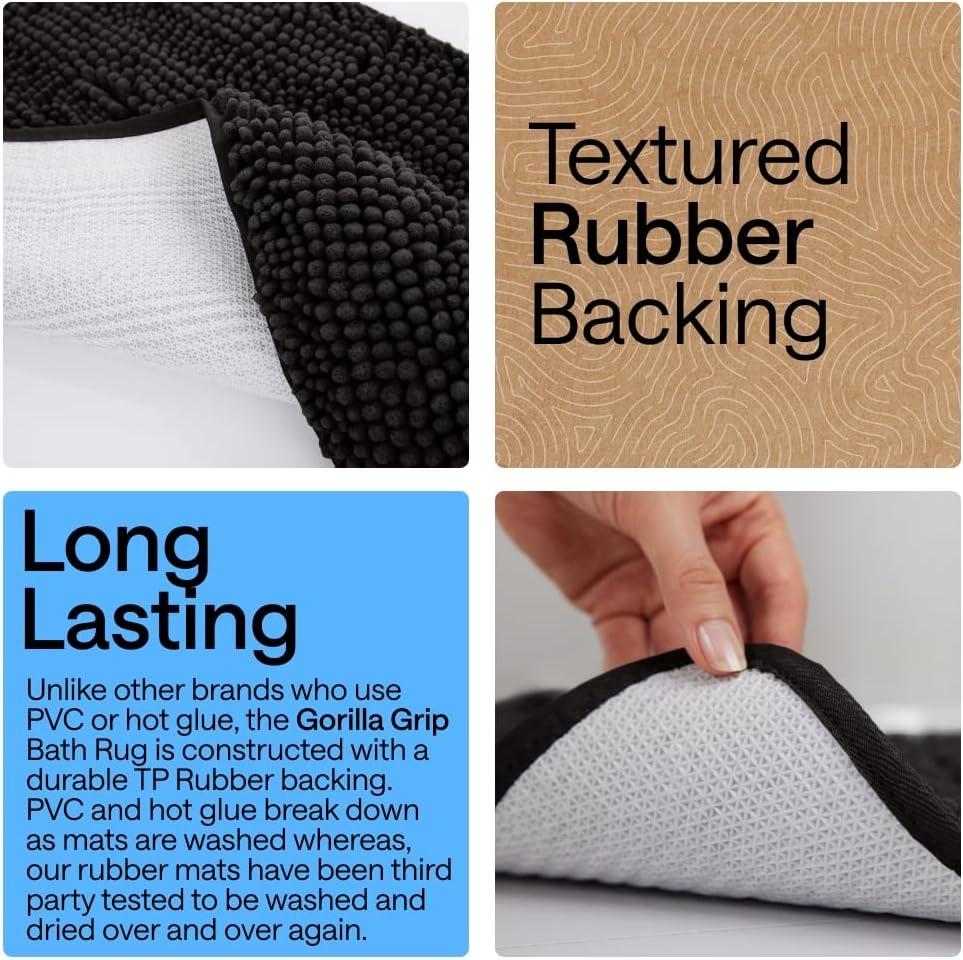 image:imageGORILLA GRIP Bath Rug Mat Thick Soft Absorbent Chenille Quick Dry Microfiber Mats Rubber Backing Machine Washable Shower Floor Rugs Bathroom Bathmat Home Decor Accessories 24x17 GreyBlack