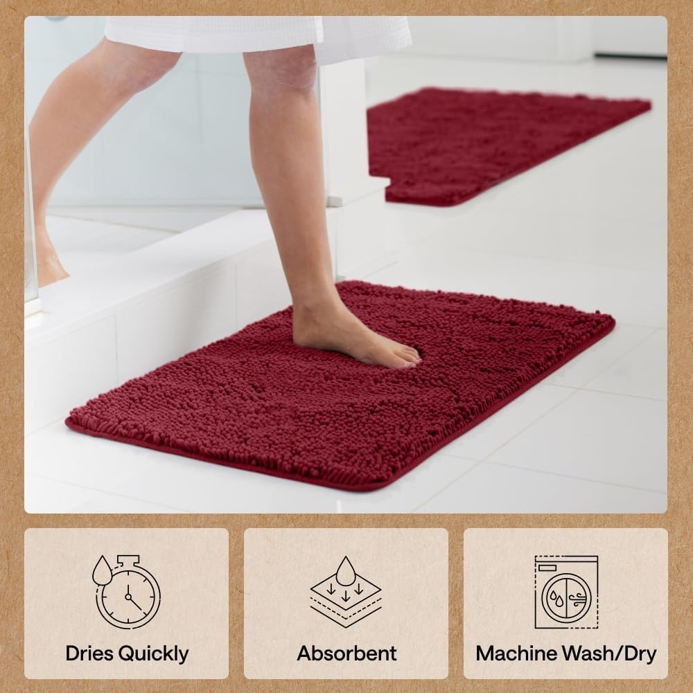 image:imageGORILLA GRIP Bath Rug Mat Thick Soft Absorbent Chenille Quick Dry Microfiber Mats Rubber Backing Machine Washable Shower Floor Rugs Bathroom Bathmat Home Decor Accessories 24x17 GreyBurgundy