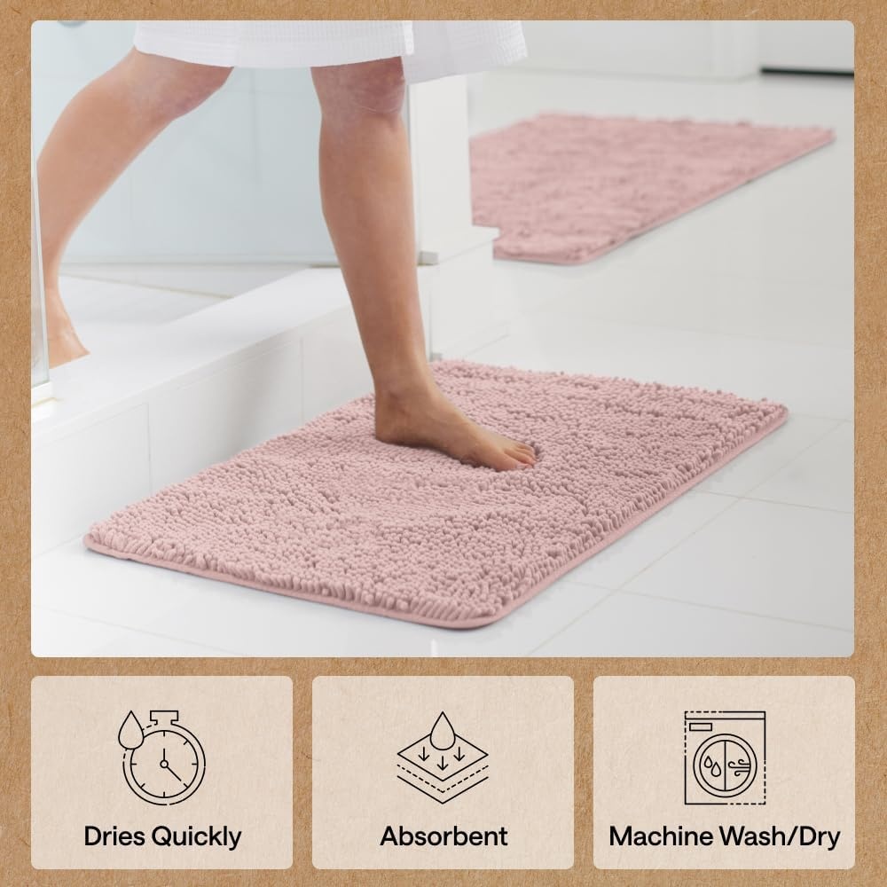 image:imageGORILLA GRIP Bath Rug Mat Thick Soft Absorbent Chenille Quick Dry Microfiber Mats Rubber Backing Machine Washable Shower Floor Rugs Bathroom Bathmat Home Decor Accessories 24x17 GreyDusty Rose