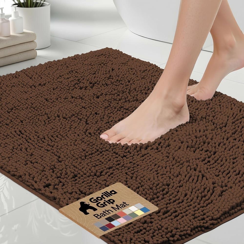 image:imageGORILLA GRIP Bath Rug Mat Thick Soft Absorbent Chenille Quick Dry Microfiber Mats Rubber Backing Machine Washable Shower Floor Rugs Bathroom Bathmat Home Decor Accessories 24x17 GreyBrown