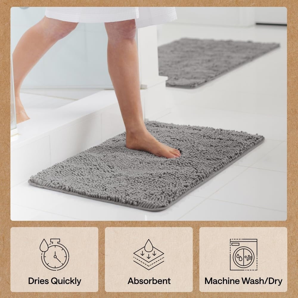 image:imageGORILLA GRIP Bath Rug Mat Thick Soft Absorbent Chenille Quick Dry Microfiber Mats Rubber Backing Machine Washable Shower Floor Rugs Bathroom Bathmat Home Decor Accessories 24x17 GreyGrey