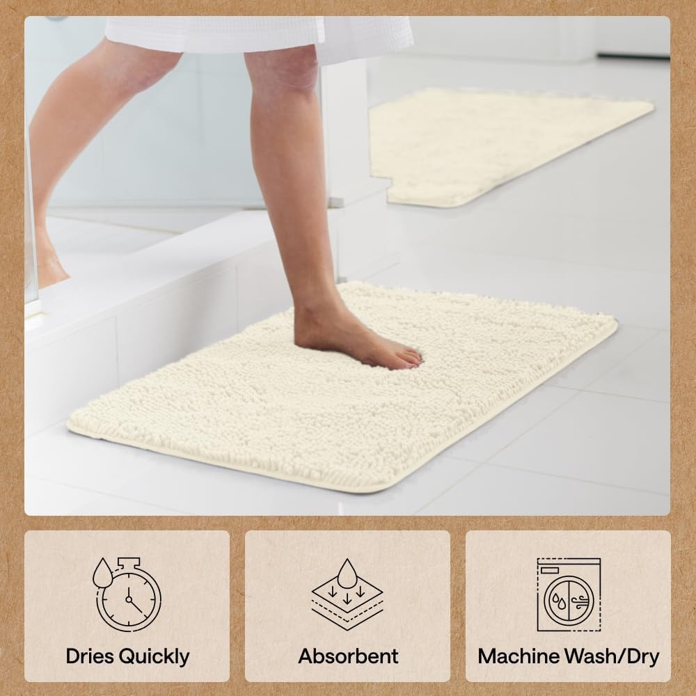 image:imageGORILLA GRIP Bath Rug Mat Thick Soft Absorbent Chenille Quick Dry Microfiber Mats Rubber Backing Machine Washable Shower Floor Rugs Bathroom Bathmat Home Decor Accessories 24x17 GreyIvory