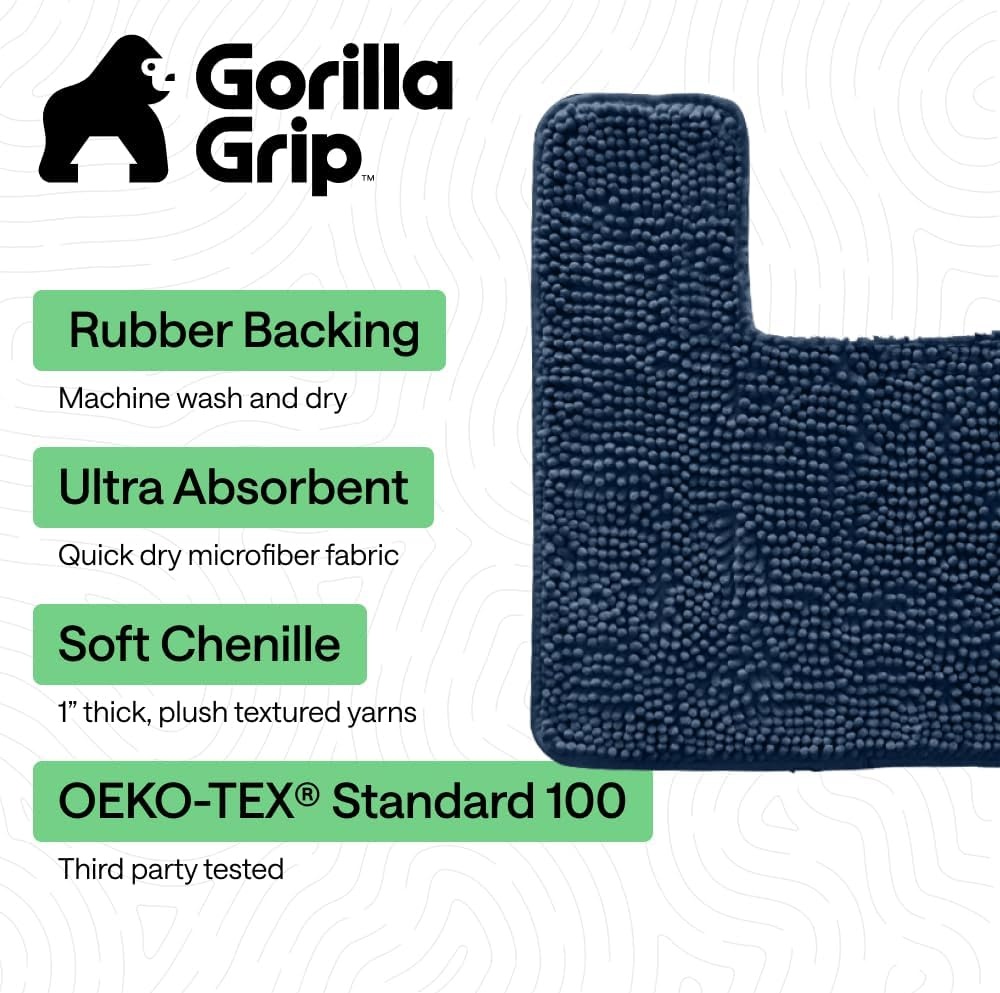 image:imageGORILLA GRIP Bath Rug Mat Thick Soft Absorbent Chenille Quick Dry Microfiber Mats Rubber Backing Machine Washable Shower Floor Rugs Bathroom Bathmat Home Decor Accessories 24x17 GreyNavy