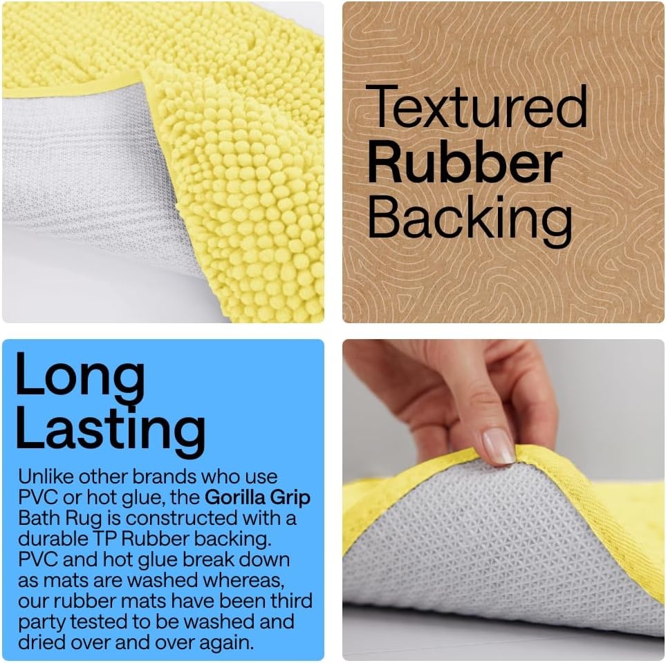 image:imageGORILLA GRIP Bath Rug Mat Thick Soft Absorbent Chenille Quick Dry Microfiber Mats Rubber Backing Machine Washable Shower Floor Rugs Bathroom Bathmat Home Decor Accessories 24x17 GreyYellow