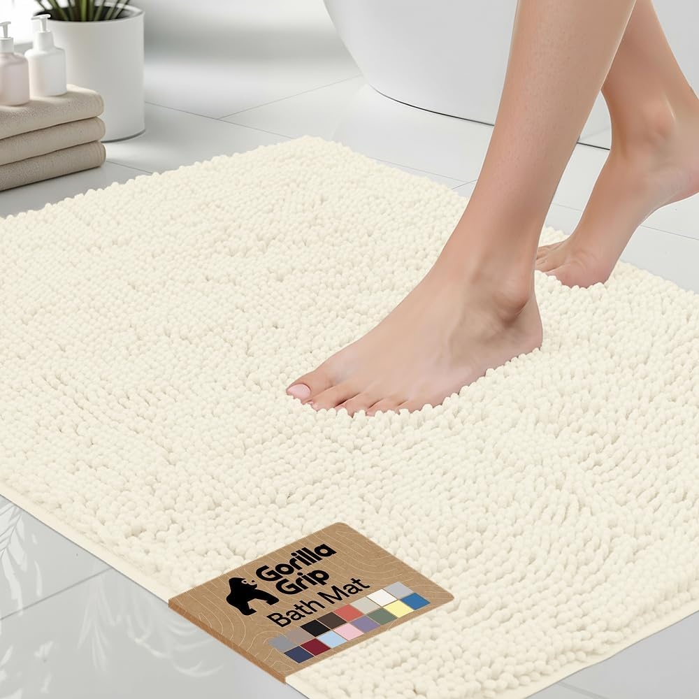 image:imageGORILLA GRIP Bath Rug Mat Thick Soft Absorbent Chenille Quick Dry Microfiber Mats Rubber Backing Machine Washable Shower Floor Rugs Bathroom Bathmat Home Decor Accessories 24x17 GreyIvory