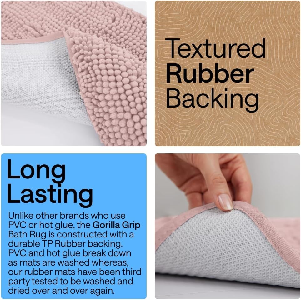 image:imageGORILLA GRIP Bath Rug Mat Thick Soft Absorbent Chenille Quick Dry Microfiber Mats Rubber Backing Machine Washable Shower Floor Rugs Bathroom Bathmat Home Decor Accessories 24x17 GreyDusty Rose