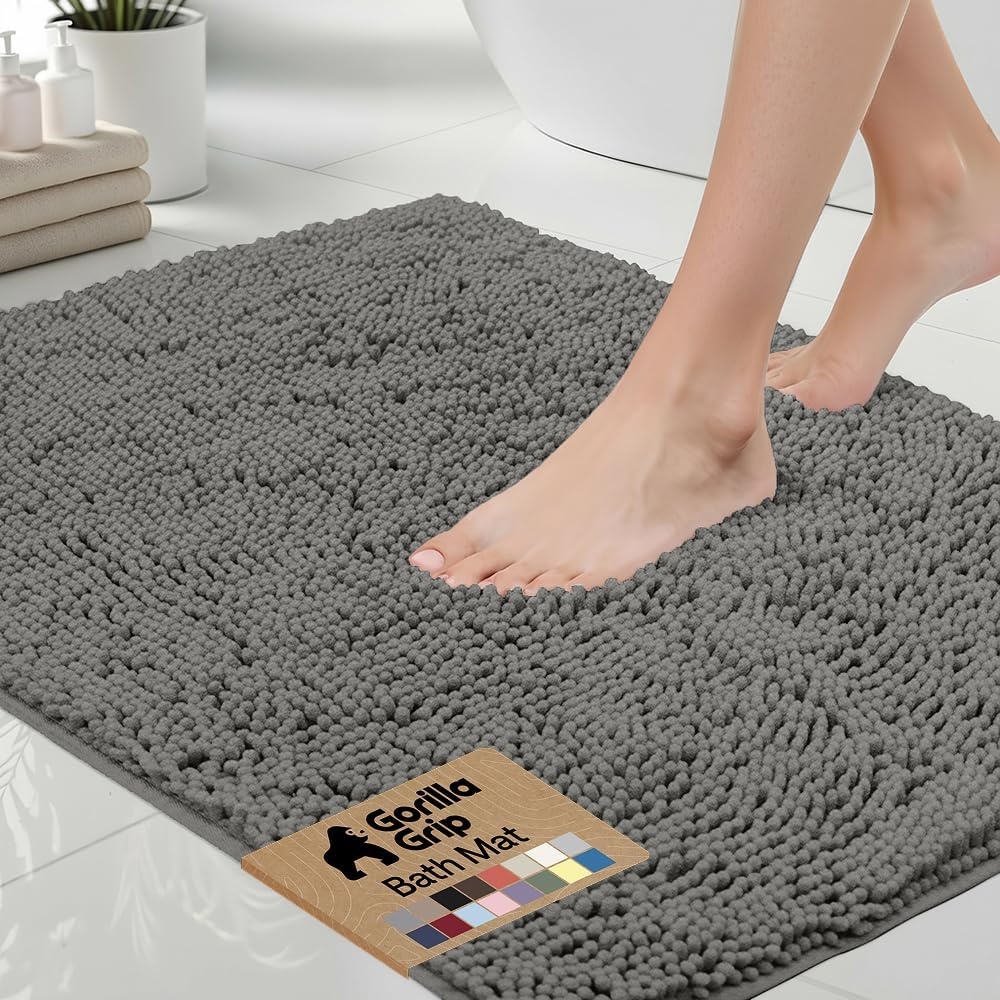 image:imageGORILLA GRIP Bath Rug Mat Thick Soft Absorbent Chenille Quick Dry Microfiber Mats Rubber Backing Machine Washable Shower Floor Rugs Bathroom Bathmat Home Decor Accessories 24x17 GreyCharcoal