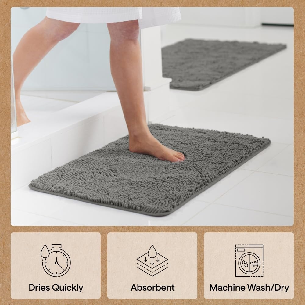 image:imageGORILLA GRIP Bath Rug Mat Thick Soft Absorbent Chenille Quick Dry Microfiber Mats Rubber Backing Machine Washable Shower Floor Rugs Bathroom Bathmat Home Decor Accessories 24x17 GreyCharcoal