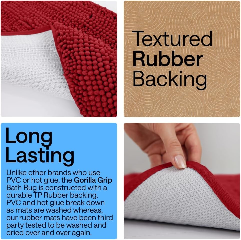 image:imageGORILLA GRIP Bath Rug Mat Thick Soft Absorbent Chenille Quick Dry Microfiber Mats Rubber Backing Machine Washable Shower Floor Rugs Bathroom Bathmat Home Decor Accessories 24x17 GreyRed