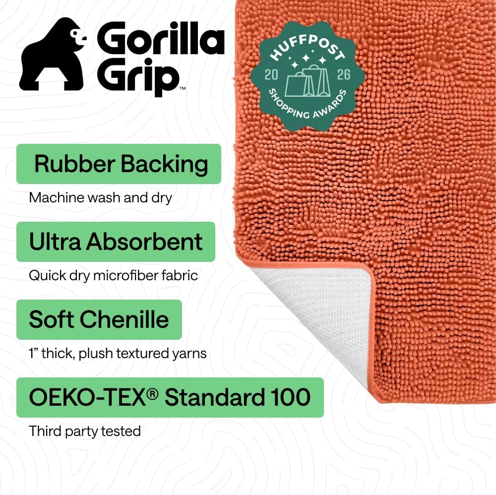 image:imageGORILLA GRIP Bath Rug Mat Thick Soft Absorbent Chenille Quick Dry Microfiber Mats Rubber Backing Machine Washable Shower Floor Rugs Bathroom Bathmat Home Decor Accessories 24x17 GreyCoral