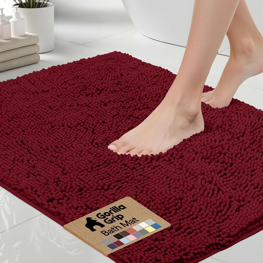 image:imageGORILLA GRIP Bath Rug Mat Thick Soft Absorbent Chenille Quick Dry Microfiber Mats Rubber Backing Machine Washable Shower Floor Rugs Bathroom Bathmat Home Decor Accessories 24x17 GreyBurgundy