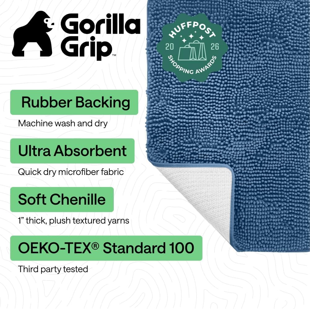 image:imageGORILLA GRIP Bath Rug Mat Thick Soft Absorbent Chenille Quick Dry Microfiber Mats Rubber Backing Machine Washable Shower Floor Rugs Bathroom Bathmat Home Decor Accessories 24x17 GreyBlue
