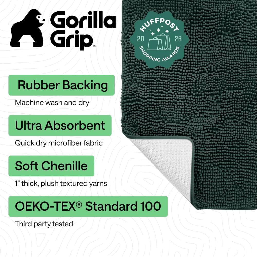 image:imageGORILLA GRIP Bath Rug Mat Thick Soft Absorbent Chenille Quick Dry Microfiber Mats Rubber Backing Machine Washable Shower Floor Rugs Bathroom Bathmat Home Decor Accessories 24x17 GreyHunter