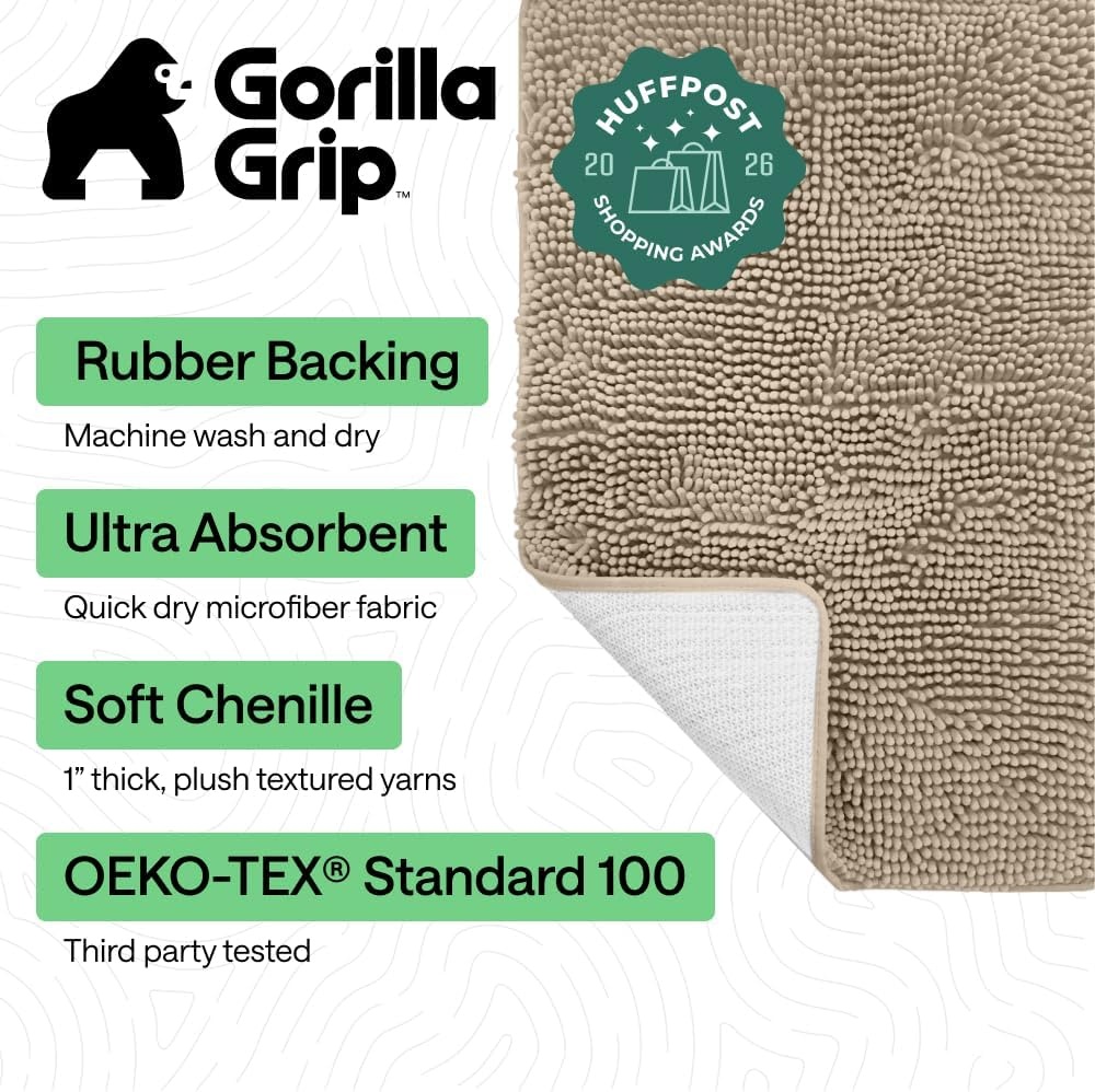 image:imageGORILLA GRIP Bath Rug Mat Thick Soft Absorbent Chenille Quick Dry Microfiber Mats Rubber Backing Machine Washable Shower Floor Rugs Bathroom Bathmat Home Decor Accessories 24x17 GreyGray Beige