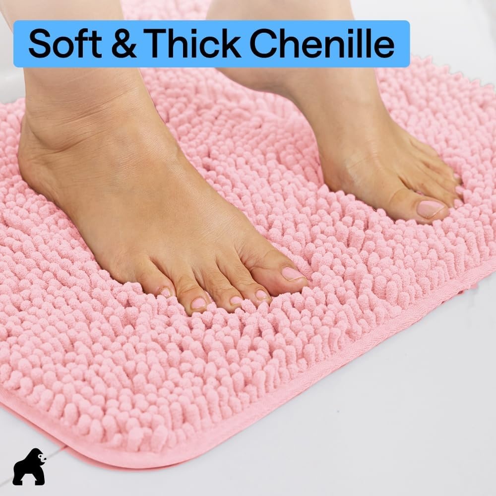image:imageGORILLA GRIP Bath Rug Mat Thick Soft Absorbent Chenille Quick Dry Microfiber Mats Rubber Backing Machine Washable Shower Floor Rugs Bathroom Bathmat Home Decor Accessories 24x17 GreyLight Pink