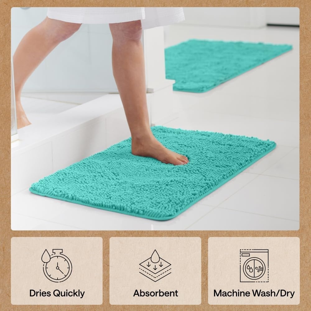 image:imageGORILLA GRIP Bath Rug Mat Thick Soft Absorbent Chenille Quick Dry Microfiber Mats Rubber Backing Machine Washable Shower Floor Rugs Bathroom Bathmat Home Decor Accessories 24x17 GreyTurquoise