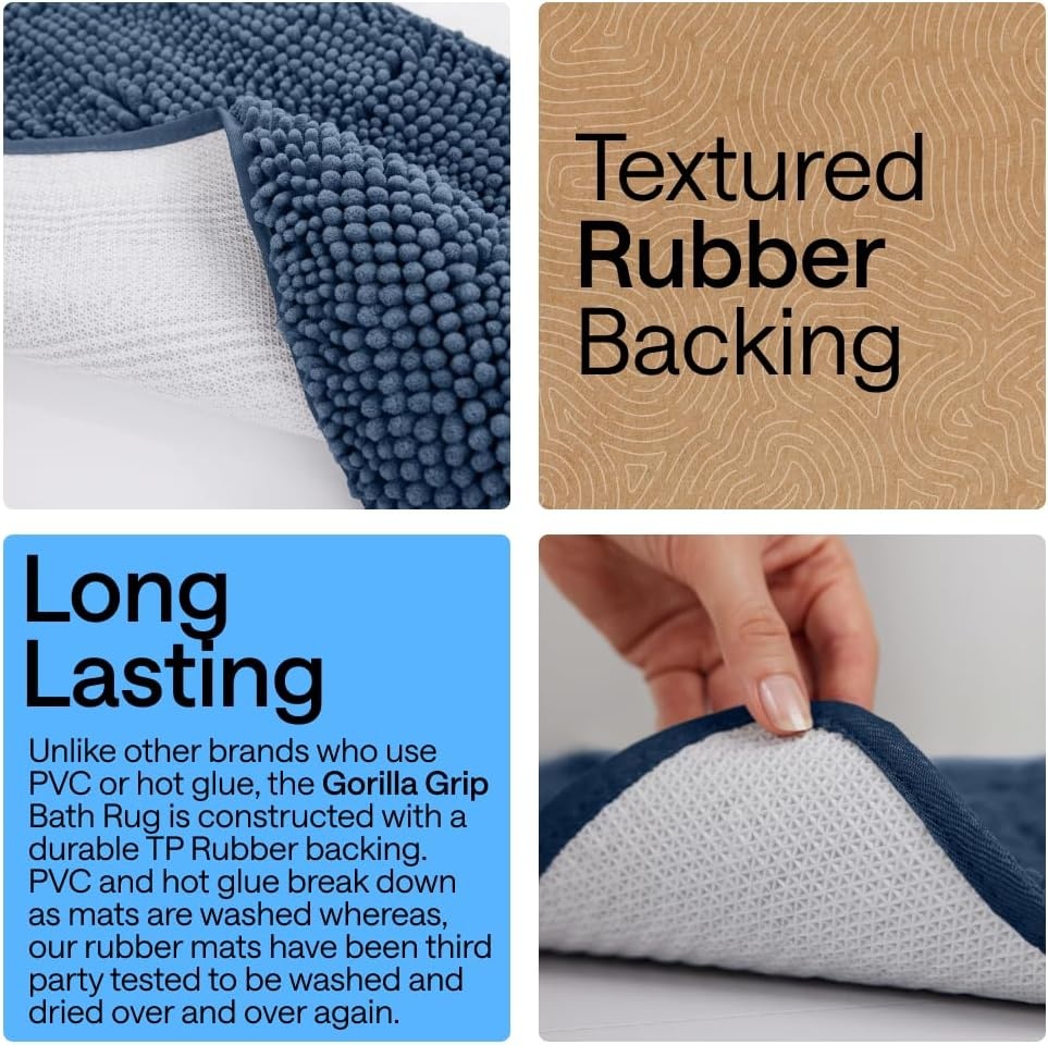 image:imageGORILLA GRIP Bath Rug Mat Thick Soft Absorbent Chenille Quick Dry Microfiber Mats Rubber Backing Machine Washable Shower Floor Rugs Bathroom Bathmat Home Decor Accessories 24x17 GreyNavy