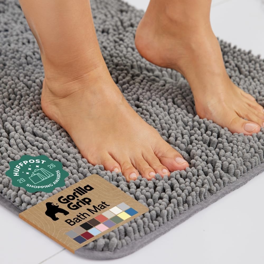image:imageGORILLA GRIP Bath Rug Mat Thick Soft Absorbent Chenille Quick Dry Microfiber Mats Rubber Backing Machine Washable Shower Floor Rugs Bathroom Bathmat Home Decor Accessories 24x17 GreyGrey
