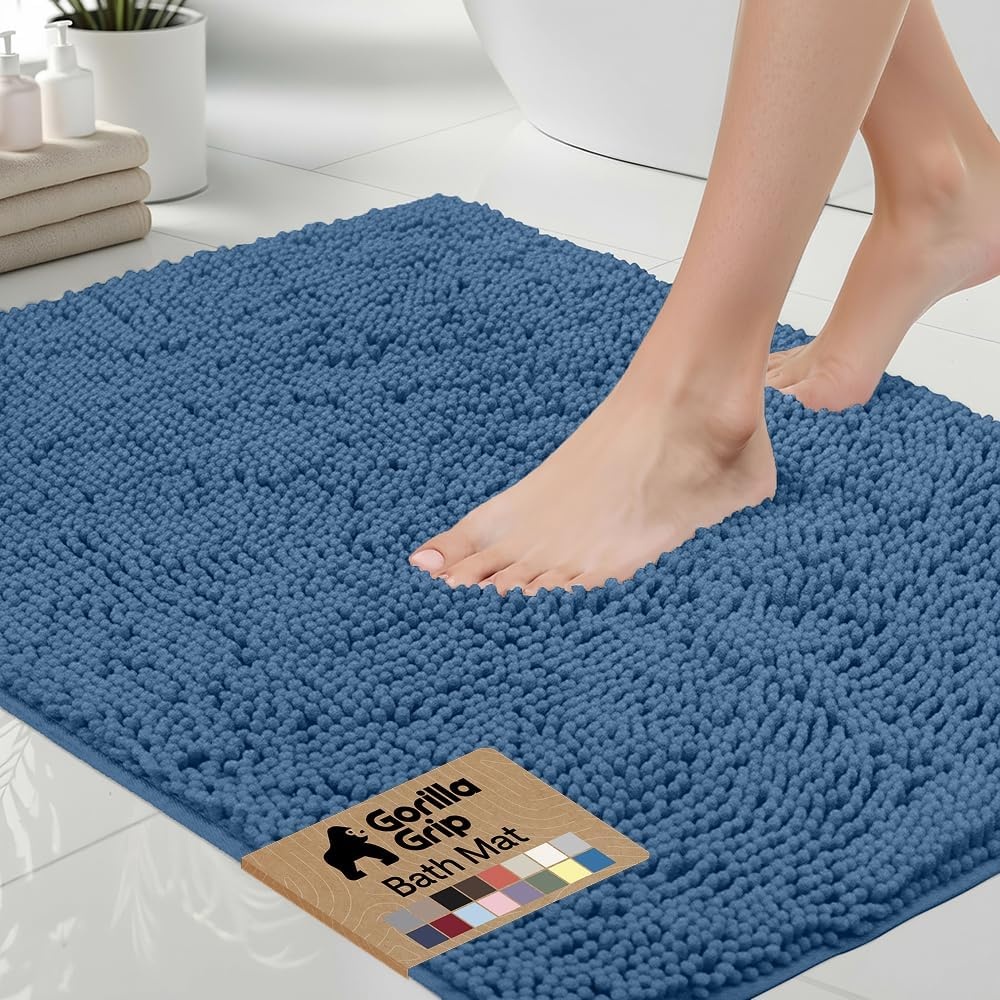 image:imageGORILLA GRIP Bath Rug Mat Thick Soft Absorbent Chenille Quick Dry Microfiber Mats Rubber Backing Machine Washable Shower Floor Rugs Bathroom Bathmat Home Decor Accessories 24x17 GreyBlue