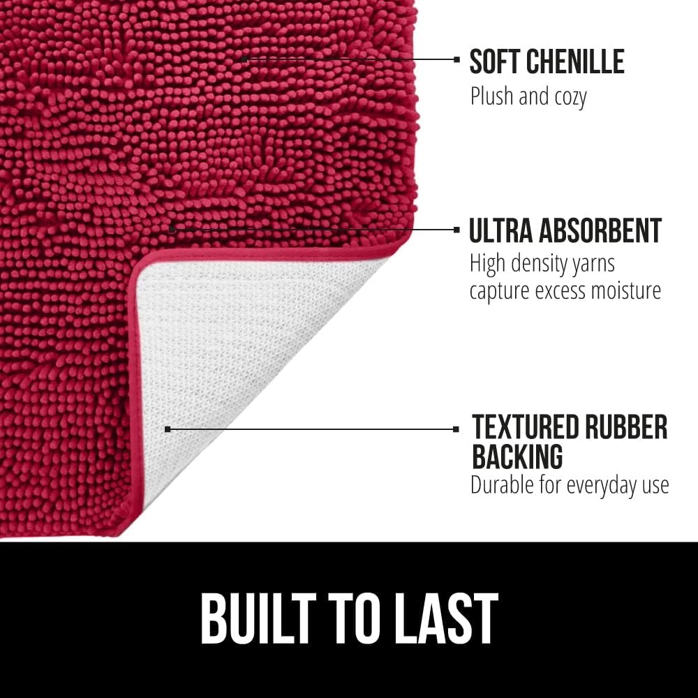 image:imageGORILLA GRIP Bath Rug Mat Thick Soft Absorbent Chenille Quick Dry Microfiber Mats Rubber Backing Machine Washable Shower Floor Rugs Bathroom Bathmat Home Decor Accessories 24x17 GreyRed