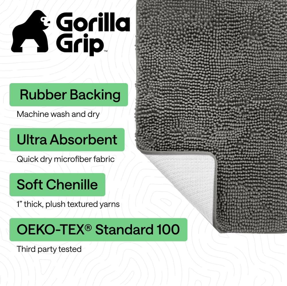 image:imageGORILLA GRIP Bath Rug Mat Thick Soft Absorbent Chenille Quick Dry Microfiber Mats Rubber Backing Machine Washable Shower Floor Rugs Bathroom Bathmat Home Decor Accessories 24x17 GreyCharcoal
