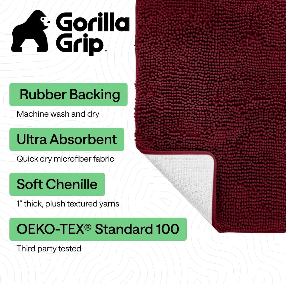 image:imageGORILLA GRIP Bath Rug Mat Thick Soft Absorbent Chenille Quick Dry Microfiber Mats Rubber Backing Machine Washable Shower Floor Rugs Bathroom Bathmat Home Decor Accessories 24x17 GreyBurgundy