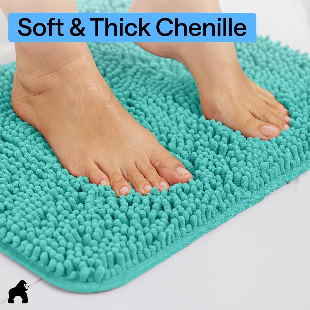 image:imageGORILLA GRIP Bath Rug Mat Thick Soft Absorbent Chenille Quick Dry Microfiber Mats Rubber Backing Machine Washable Shower Floor Rugs Bathroom Bathmat Home Decor Accessories 24x17 GreyTurquoise