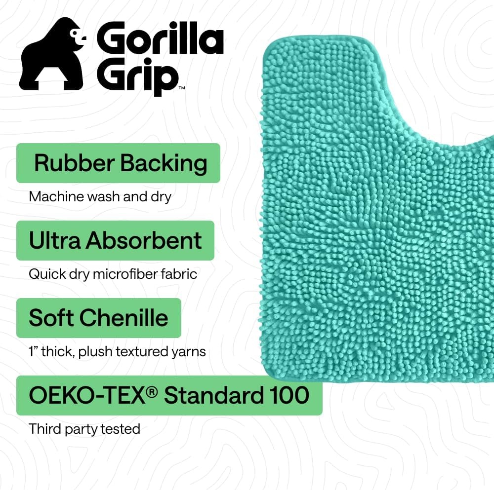 image:imageGORILLA GRIP Bath Rug Mat Thick Soft Absorbent Chenille Quick Dry Microfiber Mats Rubber Backing Machine Washable Shower Floor Rugs Bathroom Bathmat Home Decor Accessories 24x17 GreyTurquoise