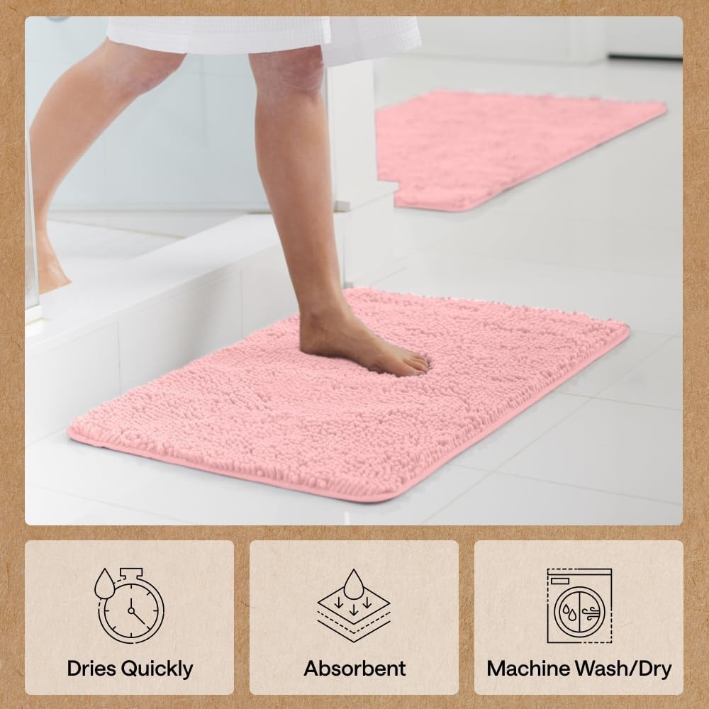 image:imageGORILLA GRIP Bath Rug Mat Thick Soft Absorbent Chenille Quick Dry Microfiber Mats Rubber Backing Machine Washable Shower Floor Rugs Bathroom Bathmat Home Decor Accessories 24x17 GreyLight Pink
