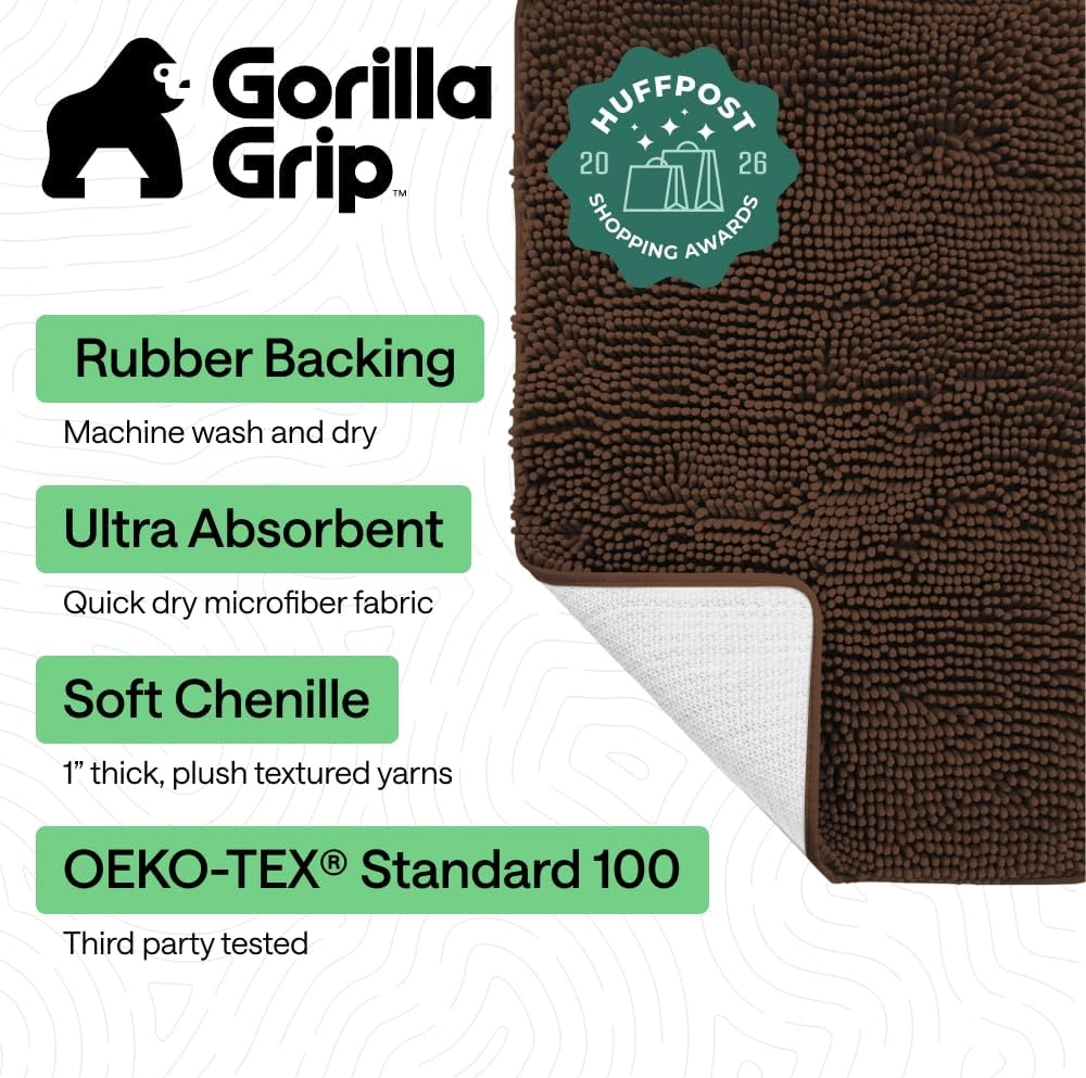 image:imageGORILLA GRIP Bath Rug Mat Thick Soft Absorbent Chenille Quick Dry Microfiber Mats Rubber Backing Machine Washable Shower Floor Rugs Bathroom Bathmat Home Decor Accessories 24x17 GreyBrown