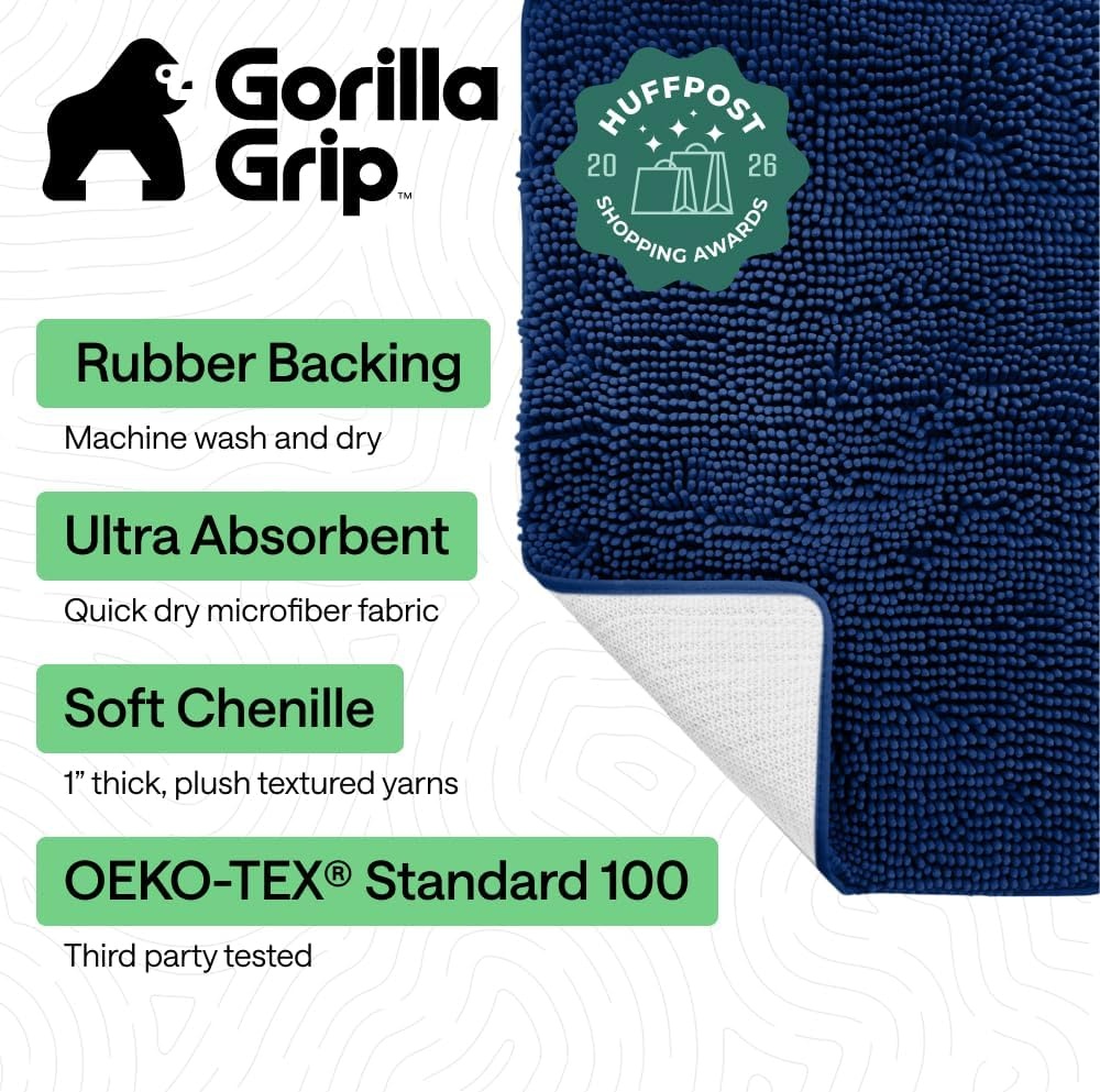 image:imageGORILLA GRIP Bath Rug Mat Thick Soft Absorbent Chenille Quick Dry Microfiber Mats Rubber Backing Machine Washable Shower Floor Rugs Bathroom Bathmat Home Decor Accessories 24x17 GreyRoyal Blue