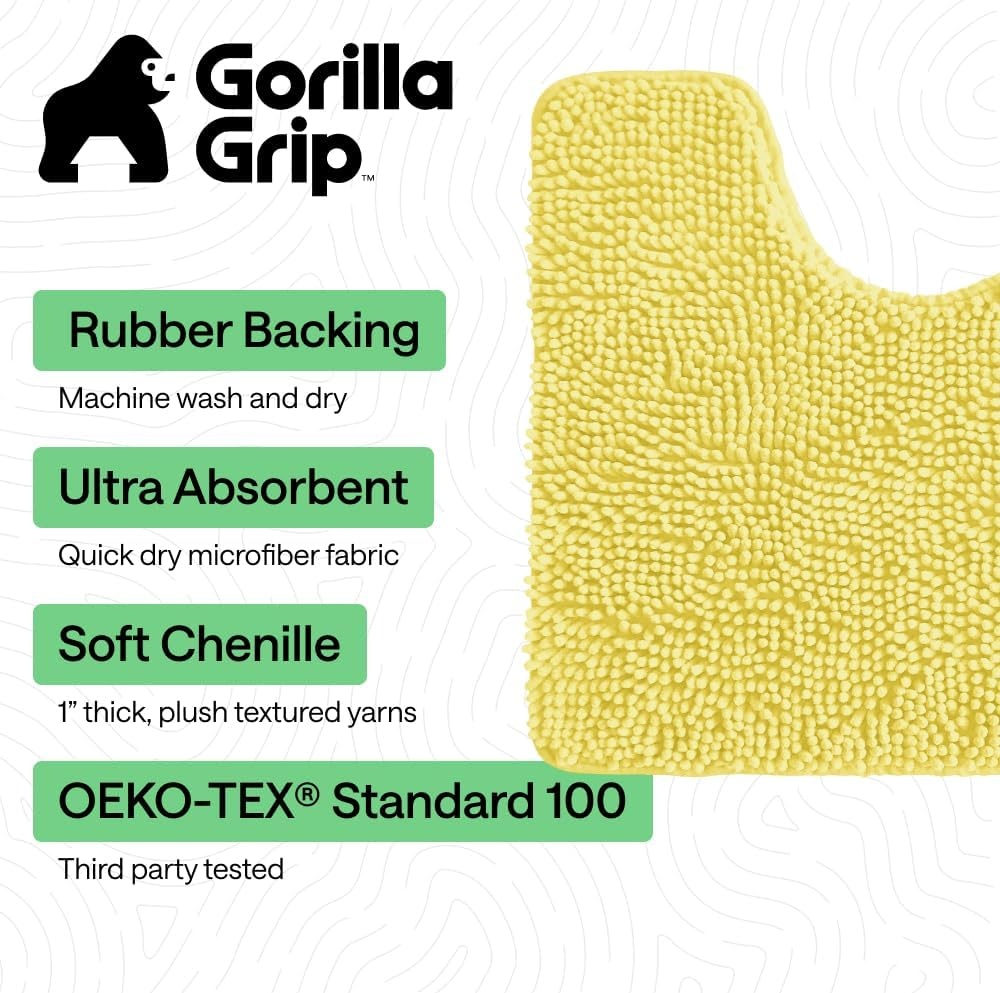 image:imageGORILLA GRIP Bath Rug Mat Thick Soft Absorbent Chenille Quick Dry Microfiber Mats Rubber Backing Machine Washable Shower Floor Rugs Bathroom Bathmat Home Decor Accessories 24x17 GreyYellow