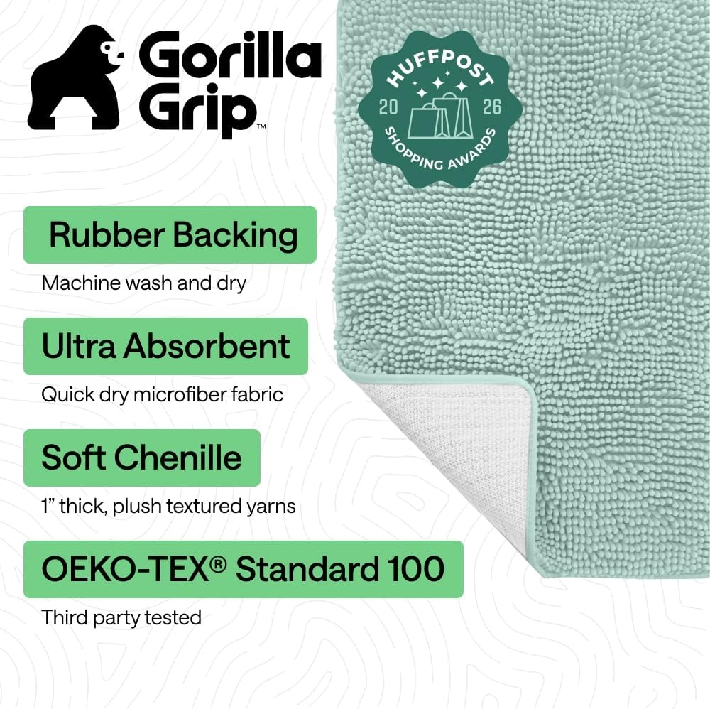 image:imageGORILLA GRIP Bath Rug Mat Thick Soft Absorbent Chenille Quick Dry Microfiber Mats Rubber Backing Machine Washable Shower Floor Rugs Bathroom Bathmat Home Decor Accessories 24x17 GreySeablue