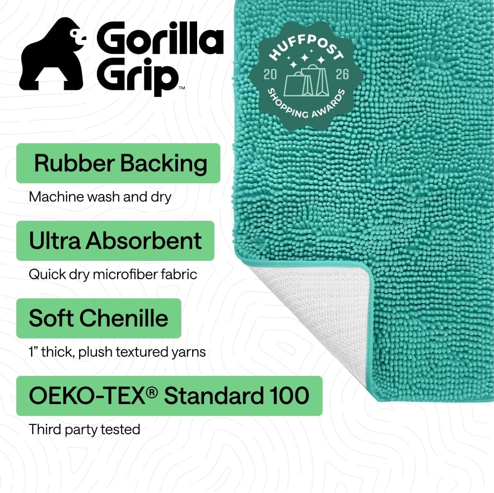 image:imageGORILLA GRIP Bath Rug Mat Thick Soft Absorbent Chenille Quick Dry Microfiber Mats Rubber Backing Machine Washable Shower Floor Rugs Bathroom Bathmat Home Decor Accessories 24x17 GreyTurquoise
