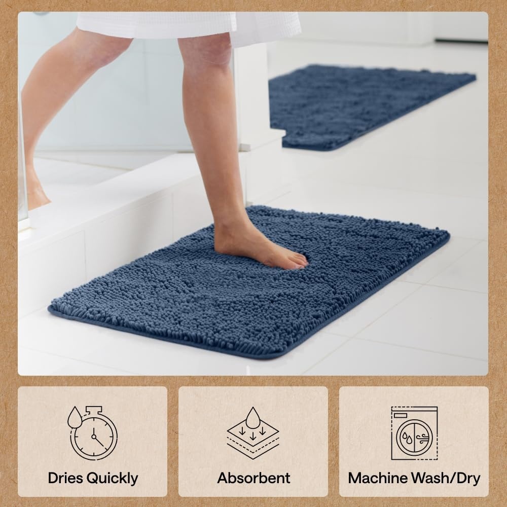 image:imageGORILLA GRIP Bath Rug Mat Thick Soft Absorbent Chenille Quick Dry Microfiber Mats Rubber Backing Machine Washable Shower Floor Rugs Bathroom Bathmat Home Decor Accessories 24x17 GreyNavy