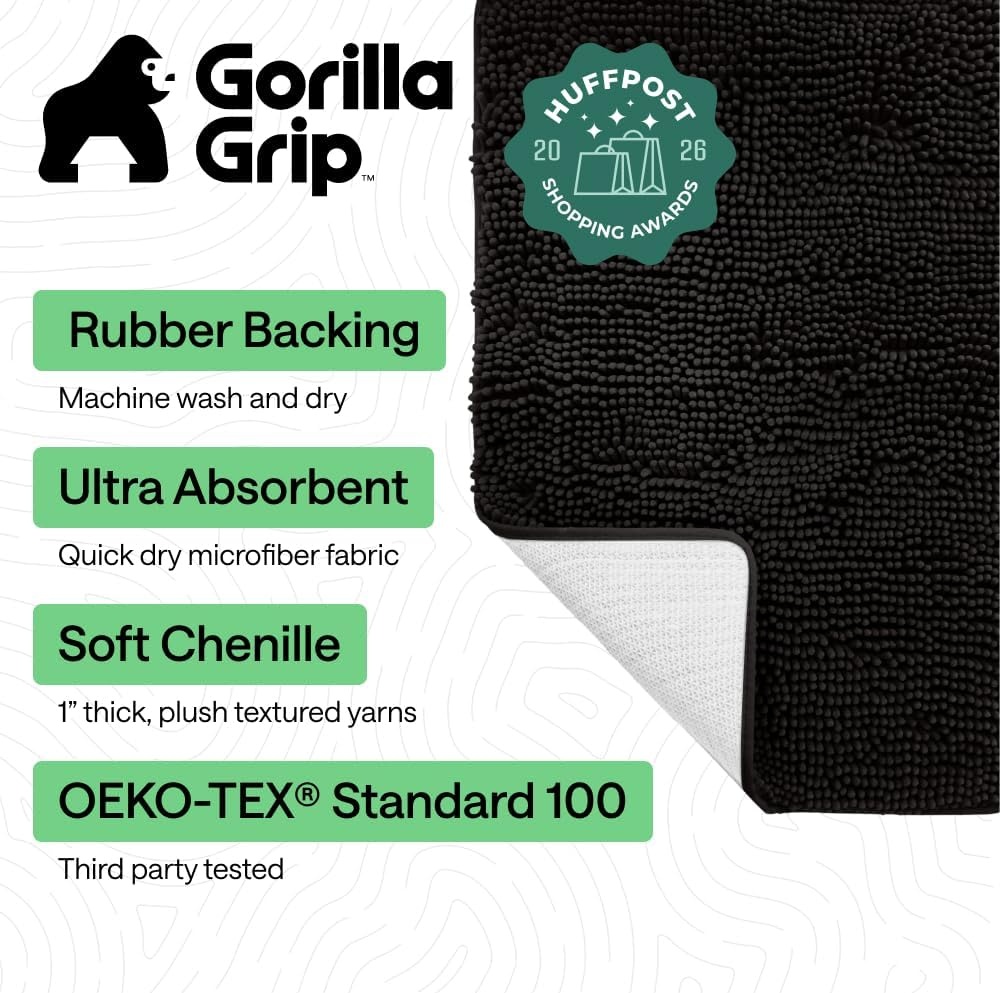 image:imageGORILLA GRIP Bath Rug Mat Thick Soft Absorbent Chenille Quick Dry Microfiber Mats Rubber Backing Machine Washable Shower Floor Rugs Bathroom Bathmat Home Decor Accessories 24x17 GreyBlack