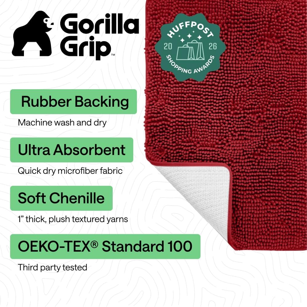 image:imageGORILLA GRIP Bath Rug Mat Thick Soft Absorbent Chenille Quick Dry Microfiber Mats Rubber Backing Machine Washable Shower Floor Rugs Bathroom Bathmat Home Decor Accessories 24x17 GreyRed