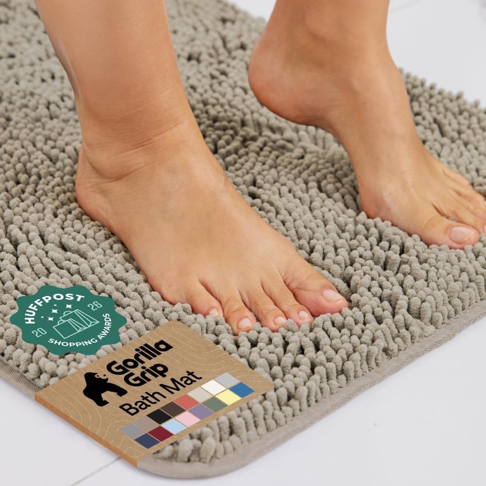 image:imageGORILLA GRIP Bath Rug Mat Thick Soft Absorbent Chenille Quick Dry Microfiber Mats Rubber Backing Machine Washable Shower Floor Rugs Bathroom Bathmat Home Decor Accessories 24x17 GreyGray Beige