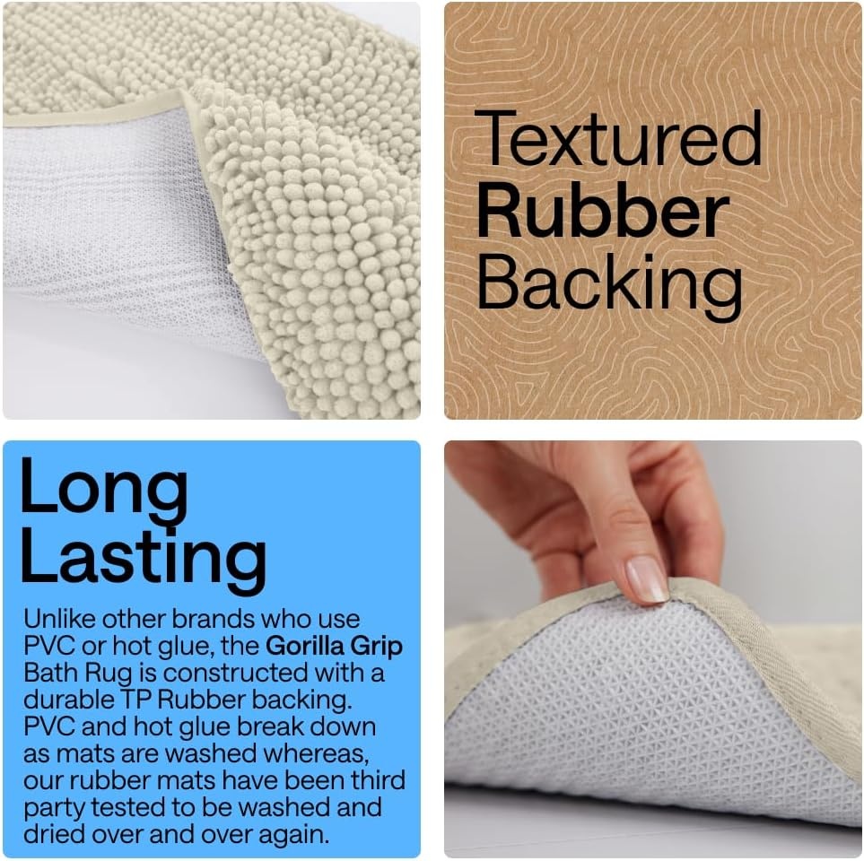 image:imageGORILLA GRIP Bath Rug Mat Thick Soft Absorbent Chenille Quick Dry Microfiber Mats Rubber Backing Machine Washable Shower Floor Rugs Bathroom Bathmat Home Decor Accessories 24x17 GreyDusty Cloud