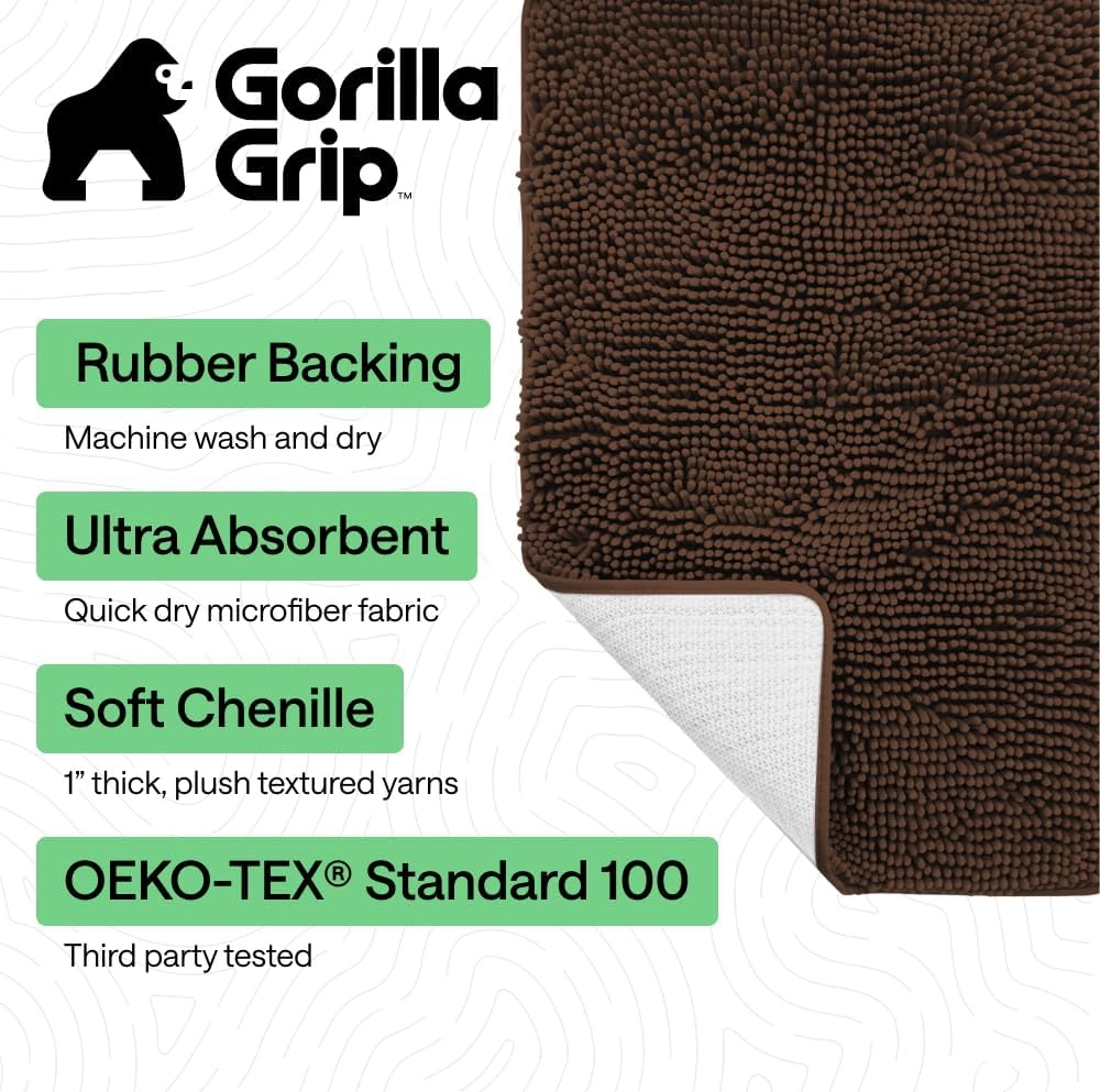 image:imageGORILLA GRIP Bath Rug Mat Thick Soft Absorbent Chenille Quick Dry Microfiber Mats Rubber Backing Machine Washable Shower Floor Rugs Bathroom Bathmat Home Decor Accessories 24x17 GreyBrown