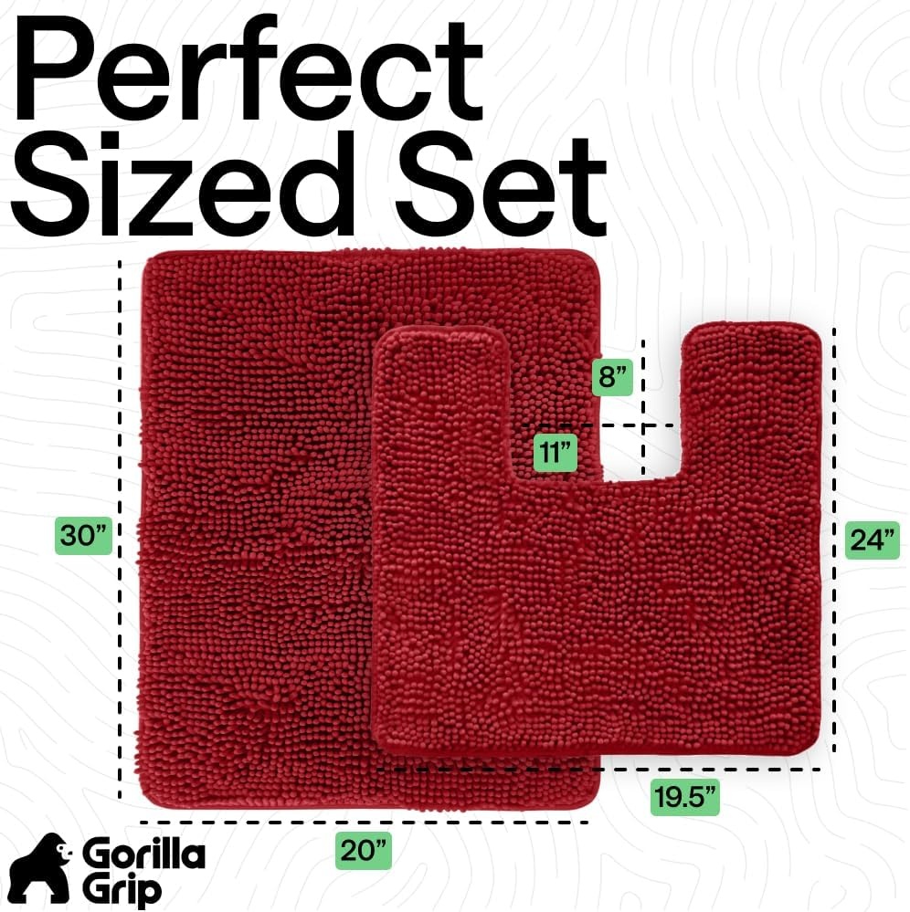 image:imageGORILLA GRIP Bathroom Rug Sets Soft Chenille 2 Piece Area Rugs Set Toilet Base Mat and 30x20 Carpet Absorbent Microfiber Washable Mats Dry Quickly Home Dcor and Bath Room Accessories GreyRed