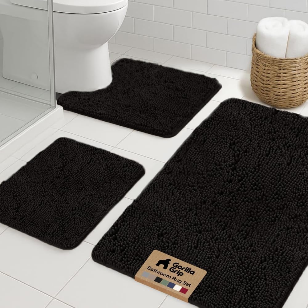 image:imageGORILLA GRIP Bathroom Rug Sets Soft Chenille 2 Piece Area Rugs Set Toilet Base Mat and 30x20 Carpet Absorbent Microfiber Washable Mats Dry Quickly Home Dcor and Bath Room Accessories GreyBlack