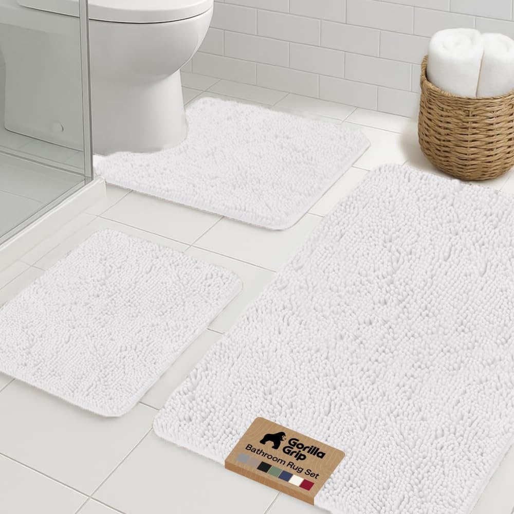 image:imageGORILLA GRIP Bathroom Rug Sets Soft Chenille 2 Piece Area Rugs Set Toilet Base Mat and 30x20 Carpet Absorbent Microfiber Washable Mats Dry Quickly Home Dcor and Bath Room Accessories GreyWhite